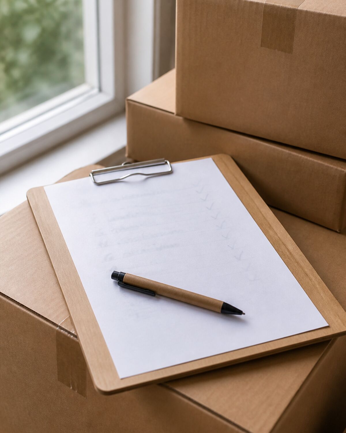 A checklist on a clipboard resting on stacked moving boxes