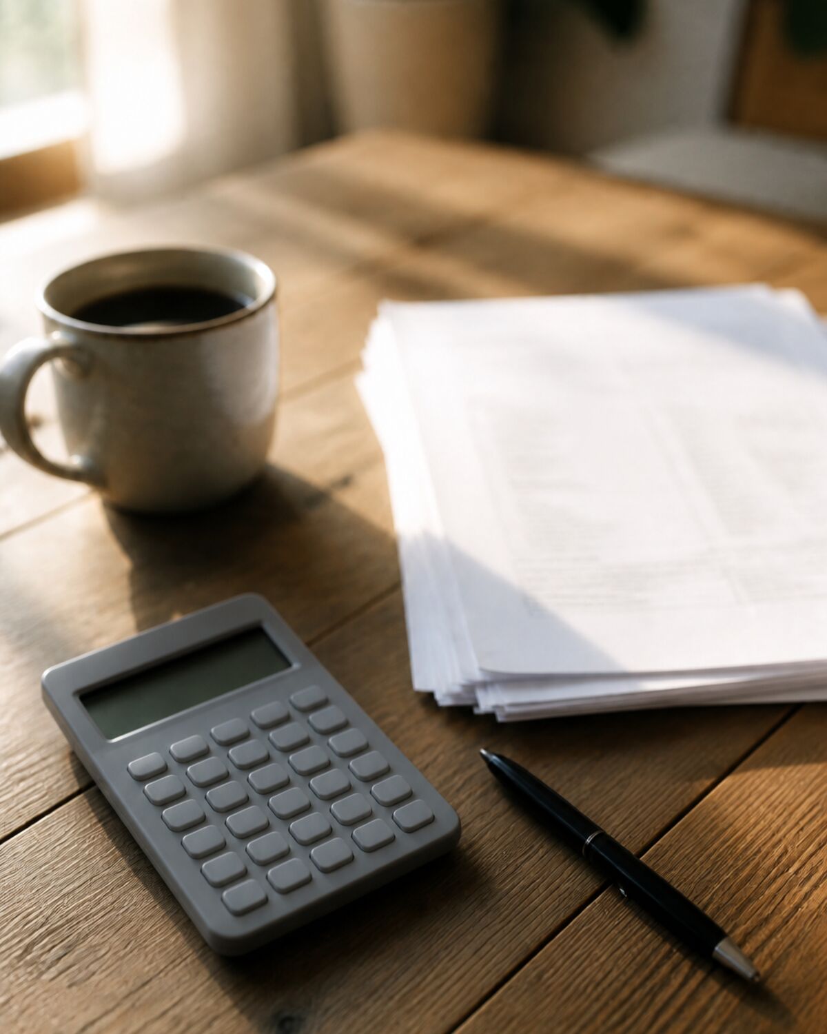 Estimate paperwork, a calculator, and a pen on a desk