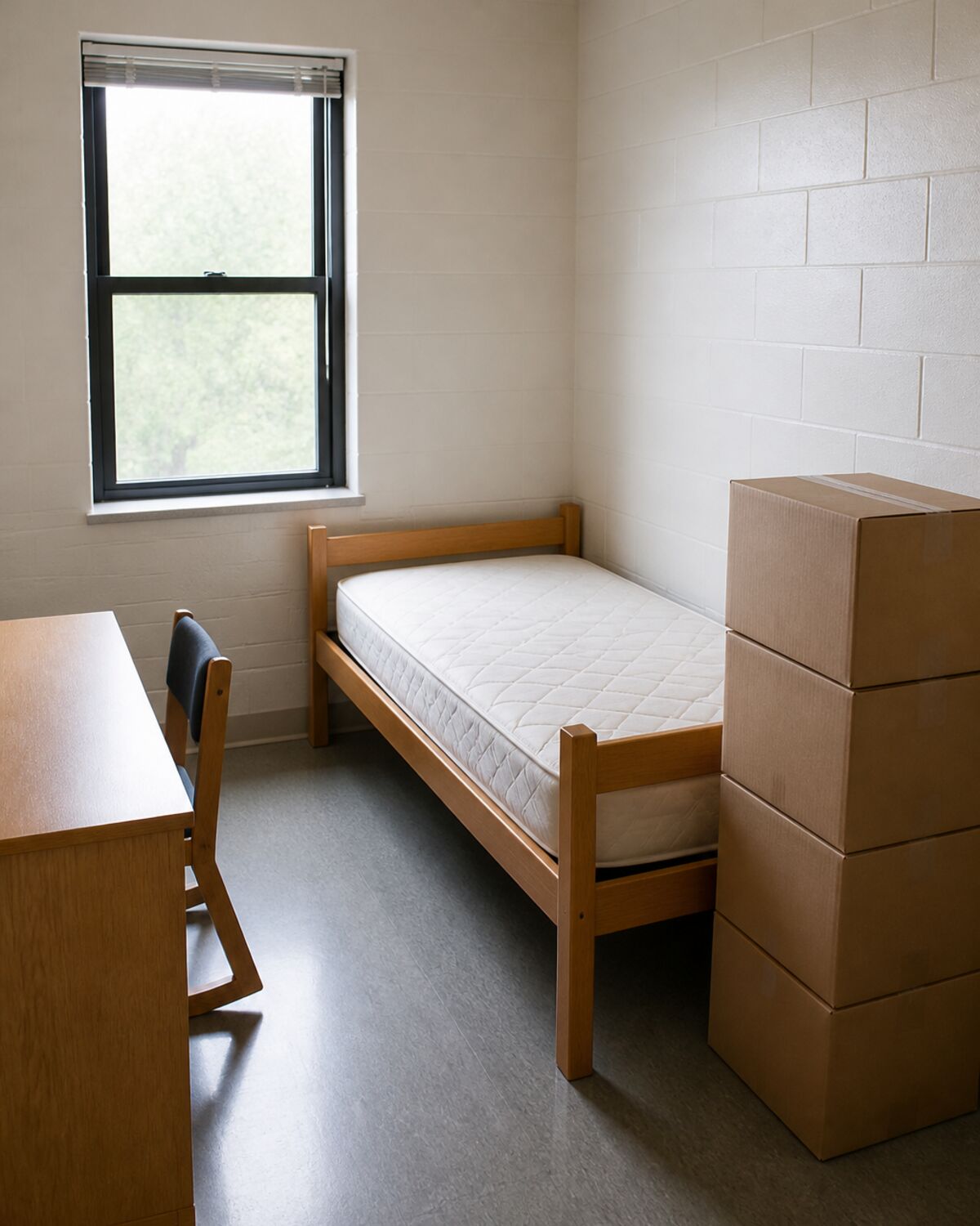 Small apartment room with a bare mattress and stacked moving boxes
