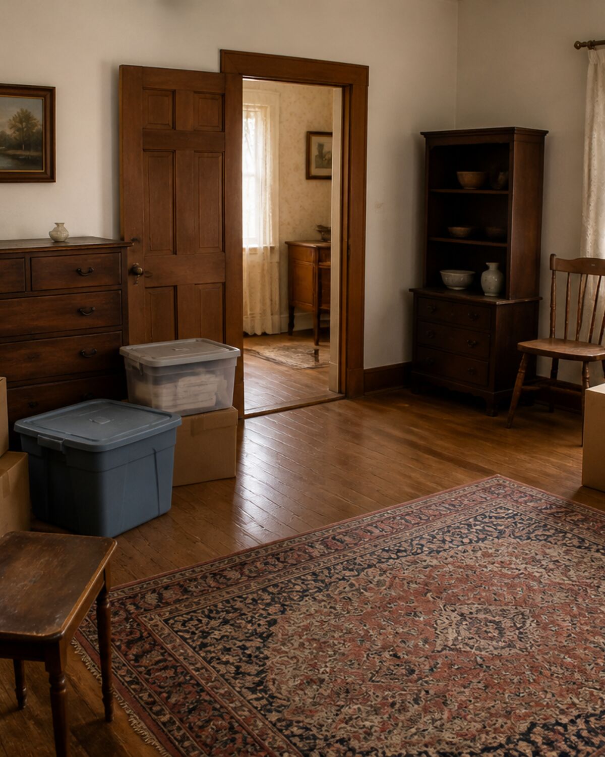 Older home interior with furniture and boxes being sorted