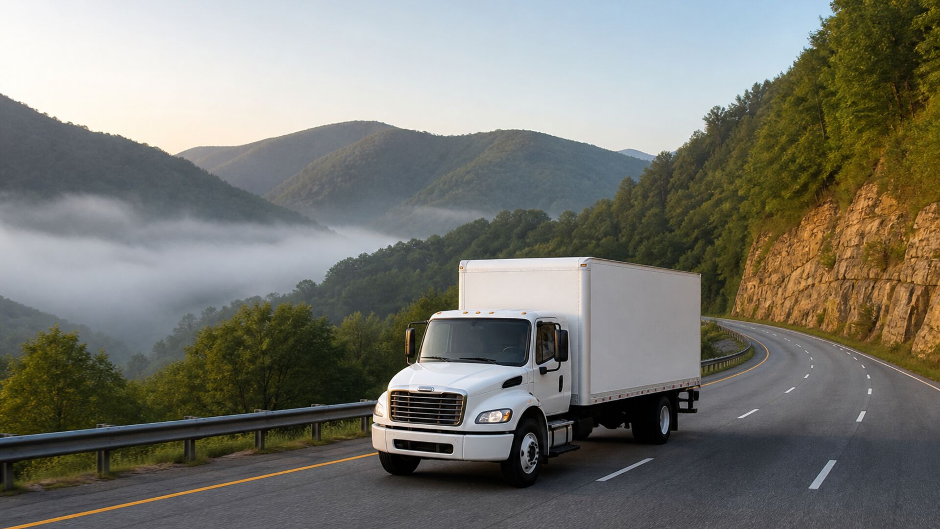 Moving truck on an interstate highway through the Green Mountains