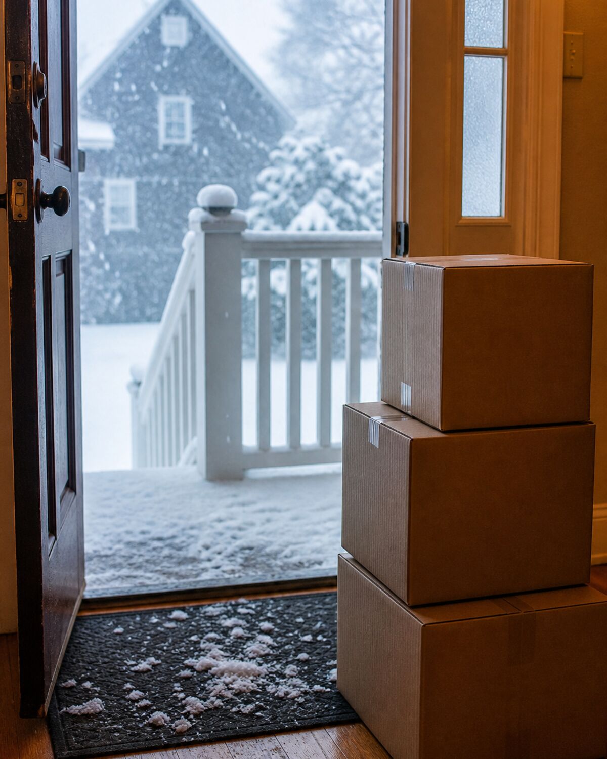 Boxes stacked inside a doorway during a short-notice winter move
